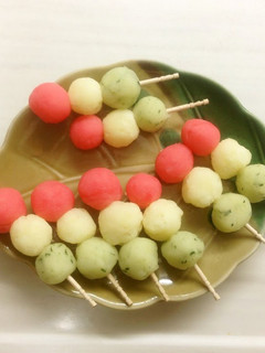 A picture of Tri-Color Dango Dumplings For Girl's Day or Cherry Blossom Viewing.
