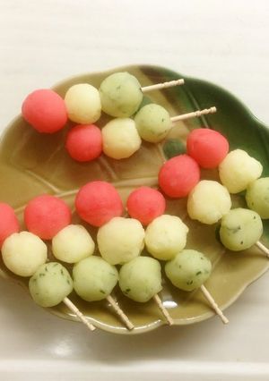 A picture of Tri-Color Dango Dumplings For Girl's Day or Cherry Blossom Viewing.