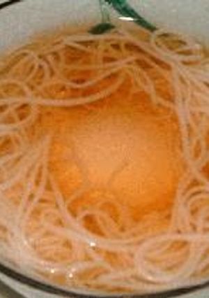 A picture of Somen Noodles with an Poached Egg.