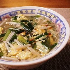 A picture of Lightly-flavored Chinese Soup with Cellophane Noodles and Chicken Skin.