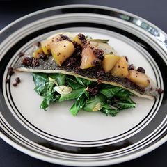 A picture of Sautéed Trout Filet Topped with Apple Mostardo and Garlicky Collard Greens.