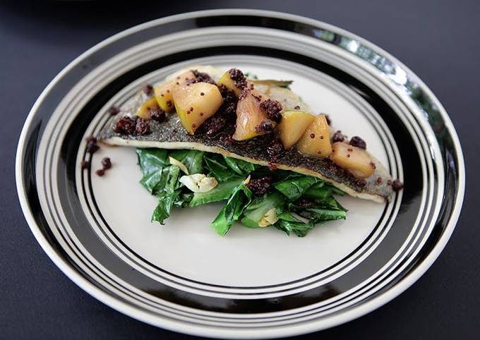 Sautéed Trout Filet Topped with Apple Mostardo and Garlicky Collard Greens