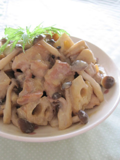A picture of Simmered Chicken and Lotus Root in Soy Milk Miso Sauce.