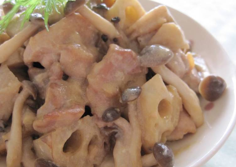 How to Prepare Super Quick Homemade Simmered Chicken and Lotus Root in Soy Milk Miso Sauce