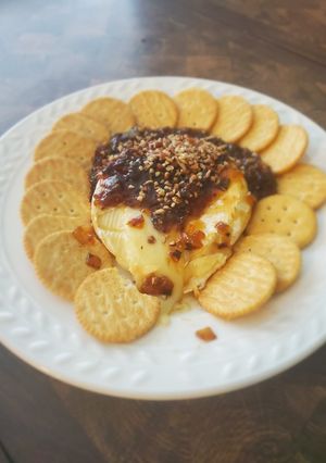 A picture of Brad's baked brie w/ caramelized onion chutney.
