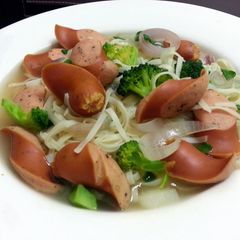 A picture of Sausage And Brocoli Egg Noodle Soup.