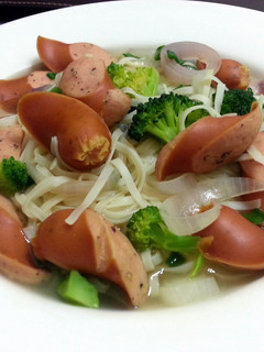 A picture of Sausage And Brocoli Egg Noodle Soup.