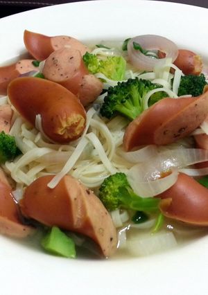 A picture of Sausage And Brocoli Egg Noodle Soup.