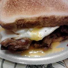 A picture of Eggs over Pot Roast on Toast.
