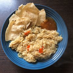 A picture of Spiced Basmati Rice with Poppadoms & Mango Chutney.