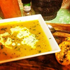 A picture of Matt Preston's Pumpkin Soup with Parmesan Crisps.