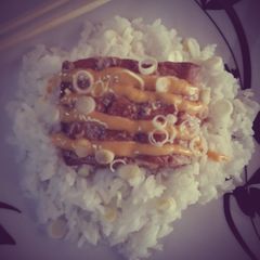 A picture of Teriyaki Salmon with Sriracha Cream Sauce.