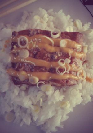 A picture of Teriyaki Salmon with Sriracha Cream Sauce.