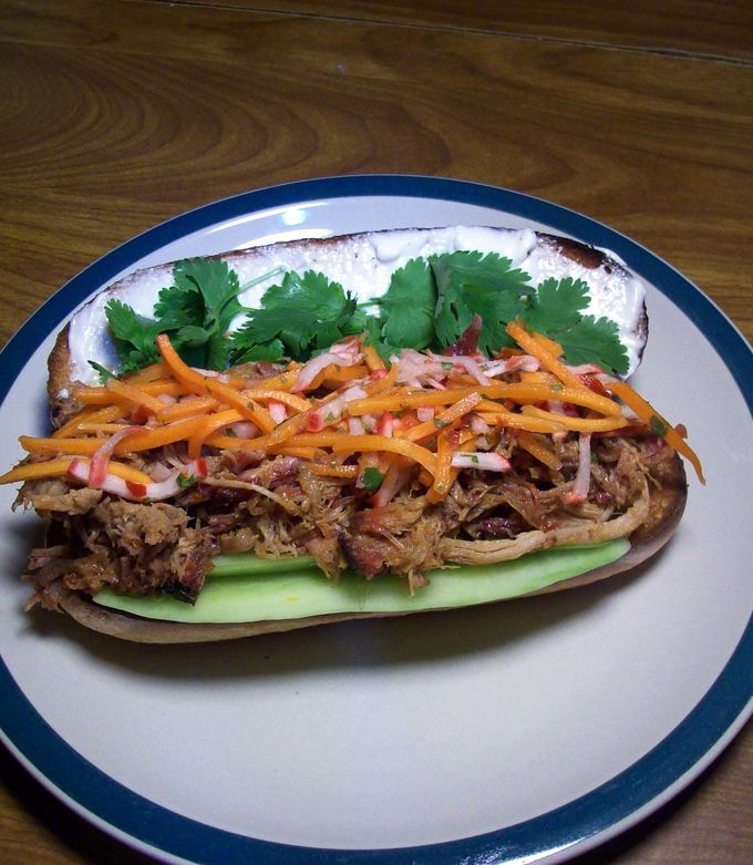 A picture of Banh Mi (Vietnamese Pulled Pork Sandwich).