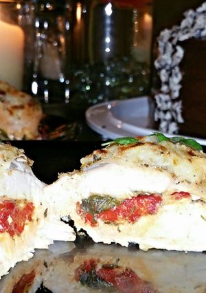 A picture of Roasted Red Pepper, Mozzarella and Basil Stuffed Chicken.