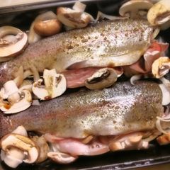 Baked trout with prosciutto A picture of Baked trout with prosciutto.