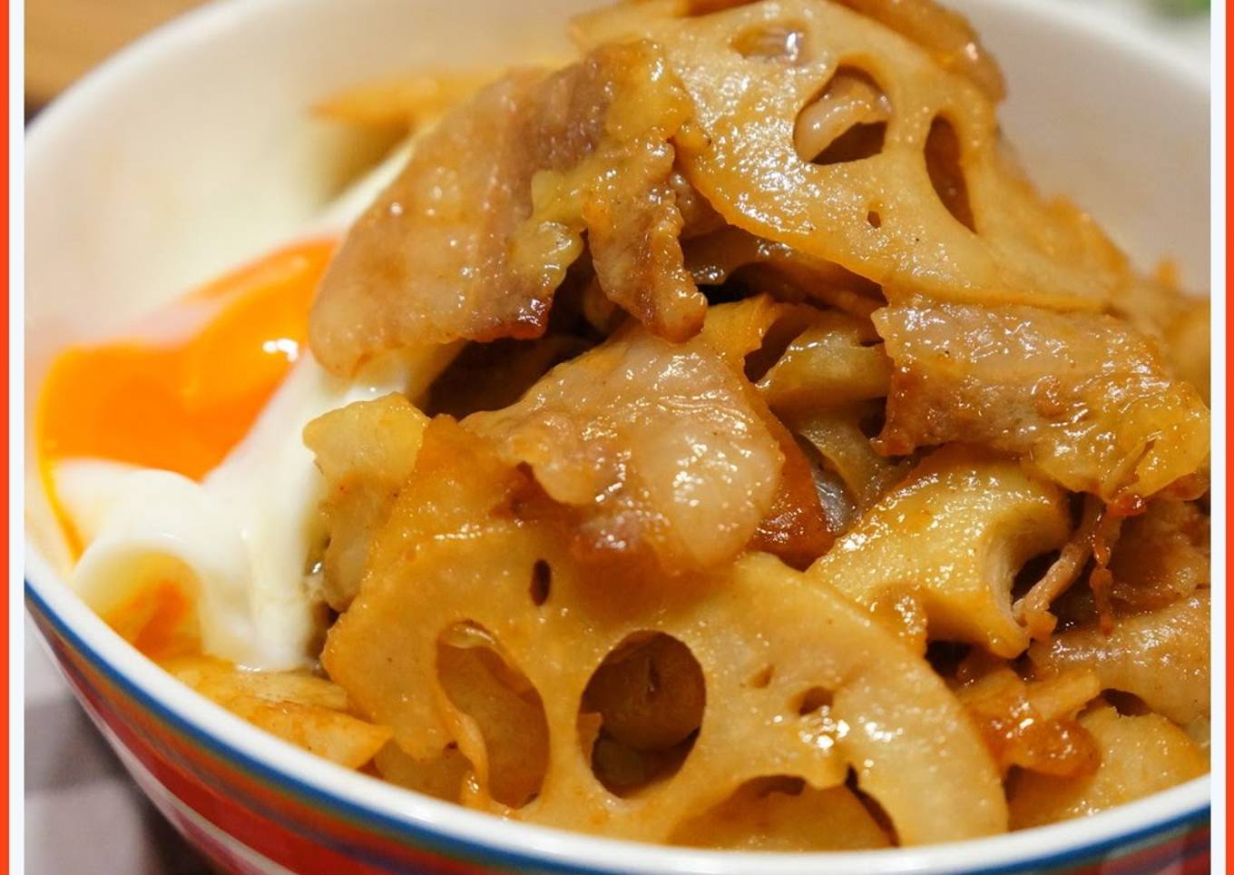 Crispy rice bowl with lotus root and pork with yakiniku sauce