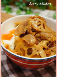 A picture of Crispy Lotus Roots and Pork Belly Rice Bowl with Yakiniku Sauce.