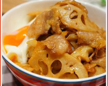 Without Fail Serving Recipe Crispy Lotus Roots and Pork Belly Rice Bowl with Yakiniku Sauce Delicious