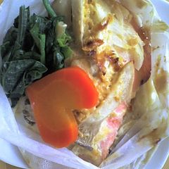 A picture of Microwaved Paper-Wrapped Steamed Salmon With Yummy Miso-Mayonnaise Sauce!.