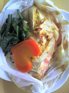 A picture of Microwaved Paper-Wrapped Steamed Salmon With Yummy Miso-Mayonnaise Sauce!.