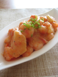 A picture of Japanese-Style Simmered Shrimp and Nagaimo Yam with Tomatoes.
