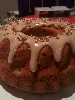 A picture of Cinnamon apple bundt cake with cinnamon icing.