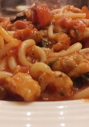 A picture of Fried prawn pasta.