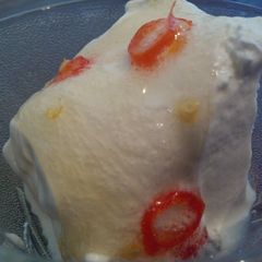 Hot chilly syrup on ice cream A picture of Hot chilly syrup on ice cream.