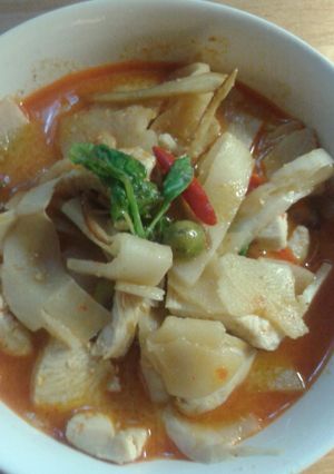A picture of red curry chickens with pickled bamboo.