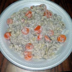 A picture of creamy beef,carrot and noodle baked stroganoff.