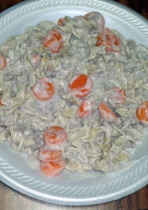 A picture of creamy beef,carrot and noodle baked stroganoff.