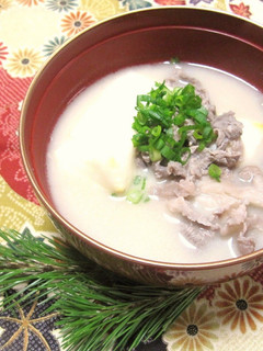 A picture of An Easy Dish for the New Year! Beef and Miso Ozoni (Mochi Soup).