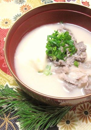 A picture of An Easy Dish for the New Year! Beef and Miso Ozoni (Mochi Soup).