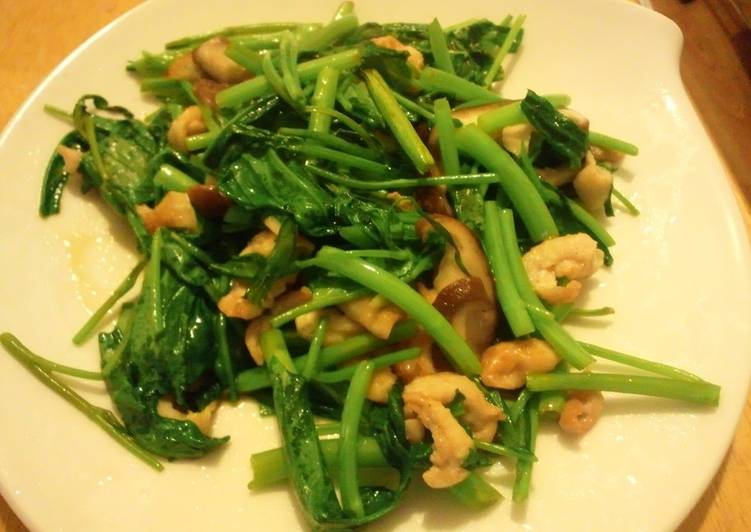 Recipe of Homemade Stir-Fried Ong Choy (Chinese Water Spinach) with Leftover Chicken Skin