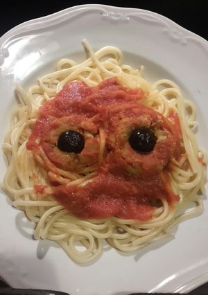 A picture of AMIEs Halloween SPAGHETTI with Meatballs.