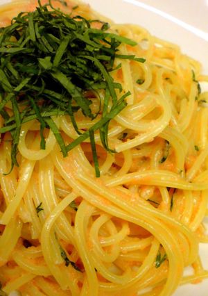 A picture of Mentaiko Spaghetti with Delicious Shiso Leaves.