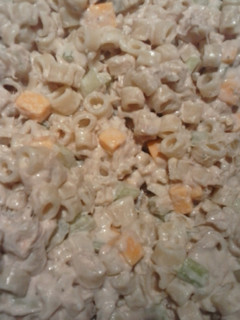 A picture of Delicious Celery, Cheese, and Tuna pasta salad.