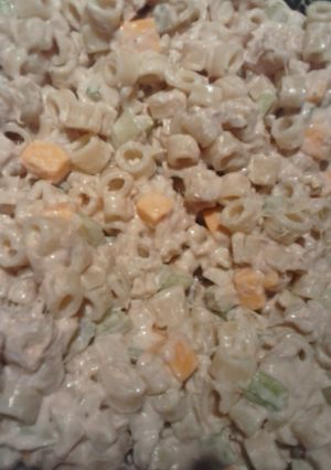 A picture of Delicious Celery, Cheese, and Tuna pasta salad.