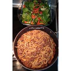 A picture of Shanghai-style Beef Dan Dan Noodles and Salad.