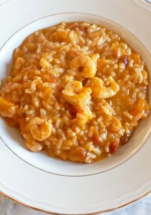 A picture of Risotto with Butternut Squash, Shrimp, and Sun-Dried Tomatoes.