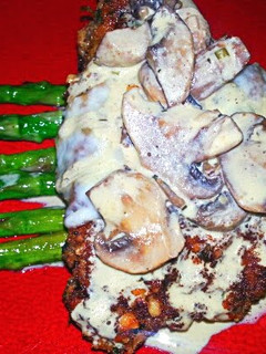 A picture of Walnut Crusted Chicken with Mustard Mushroom Creme Sauce.