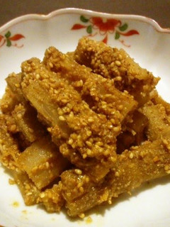 A picture of Tataki Gobo - Pounded Burdock Root With Sesame Sauce.