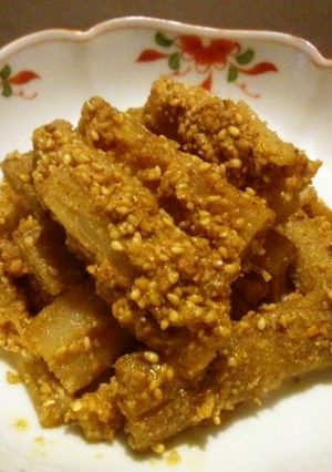 A picture of Tataki Gobo - Pounded Burdock Root With Sesame Sauce.