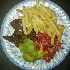 A picture of Chips n dry fry beef/kachumbari/guacamole.