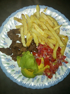 A picture of Chips n dry fry beef/kachumbari/guacamole.
