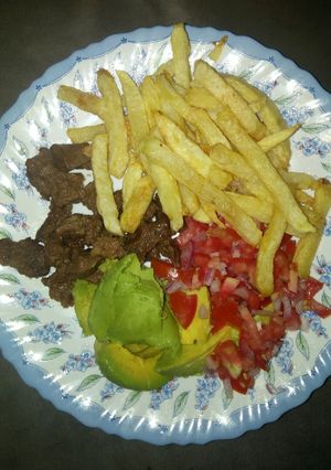 A picture of Chips n dry fry beef/kachumbari/guacamole.