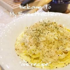 Restaurant-style Crab Cream Pasta with Canned Crabmeat A picture of Restaurant-style Crab Cream Pasta with Canned Crabmeat.