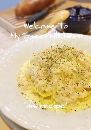 A picture of Restaurant-style Crab Cream Pasta with Canned Crabmeat.