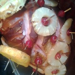 A picture of Candy glazedd ham w/pineapple&cherries.